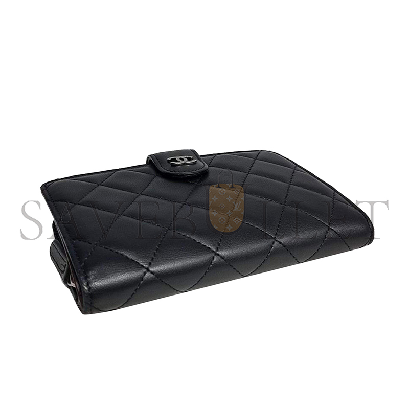 CHANEL BLACK QUILTED LAMBSKIN LEATHER L-ZIP COMPACT FRENCH PURSE WALLET A48667 (15*10*2.5cm)